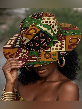 African Print Bucket Hat Wax Style Colorful Sun K-K Vogues Green, Brown & Black